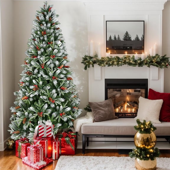 Topcobe Artificial 5ft Green Hinged Christmas Tree with Mixed PVC/PE Branch Tips, Red Fruits & Pine Cones, Foldable Base for Indoor Holiday Decorating