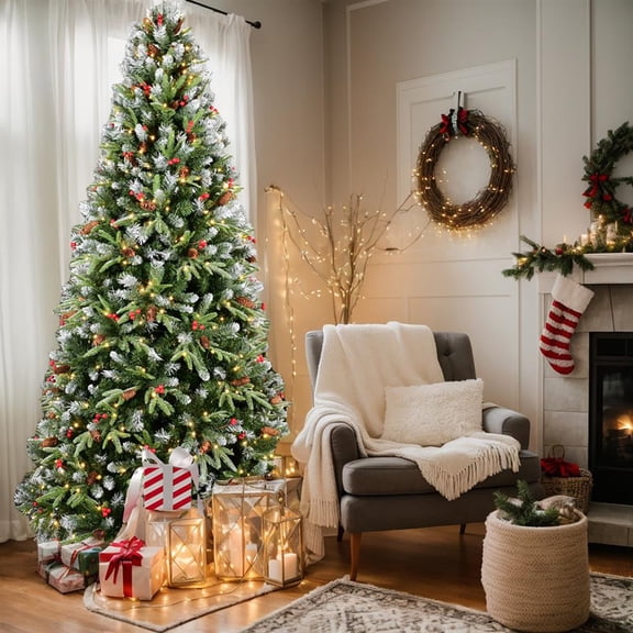 Topcobe Artificial 6ft Green LED-Lit Christmas Tree with Hinged Premium Foldable Base, 1593 Mixed Branch Tips, Red Fruits & Pine Cones for Indoor Holiday Decor