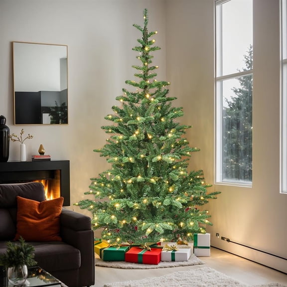 Topcobe Artificial 8ft LED Christmas Tree with Premium Hinged Design, Green Lighted, Foldable Base for Indoor Holiday Decorating 1307PE/PVC Mixed Branch Tips, Enhanced with a Premium Look