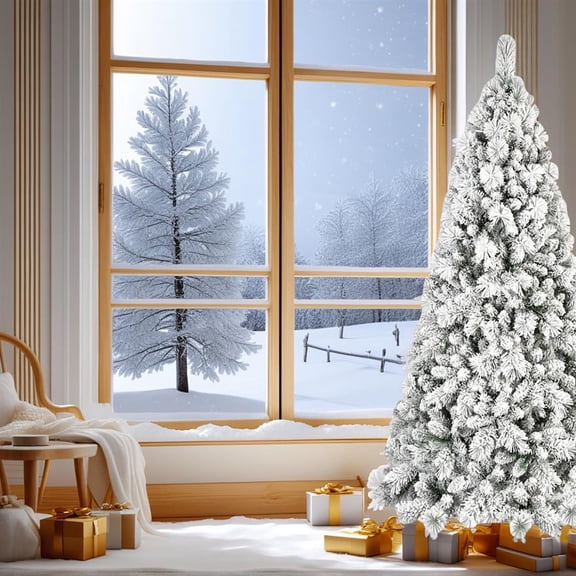 Topcobe Artificial 8ft LED-lit Christmas Tree with 1445 Mixed PVC/Hard Needle Branches, Hinged Premium Foldable Base for Indoor Holiday Decorating