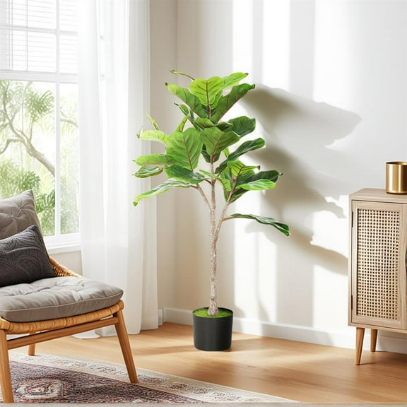 Topcobe Artificial Fiddle Leaf Fig Tree, 43" Potted Plant with Flocked Soil for Home Office Decor, Decoration for Living Room Bedroom Porch, Green