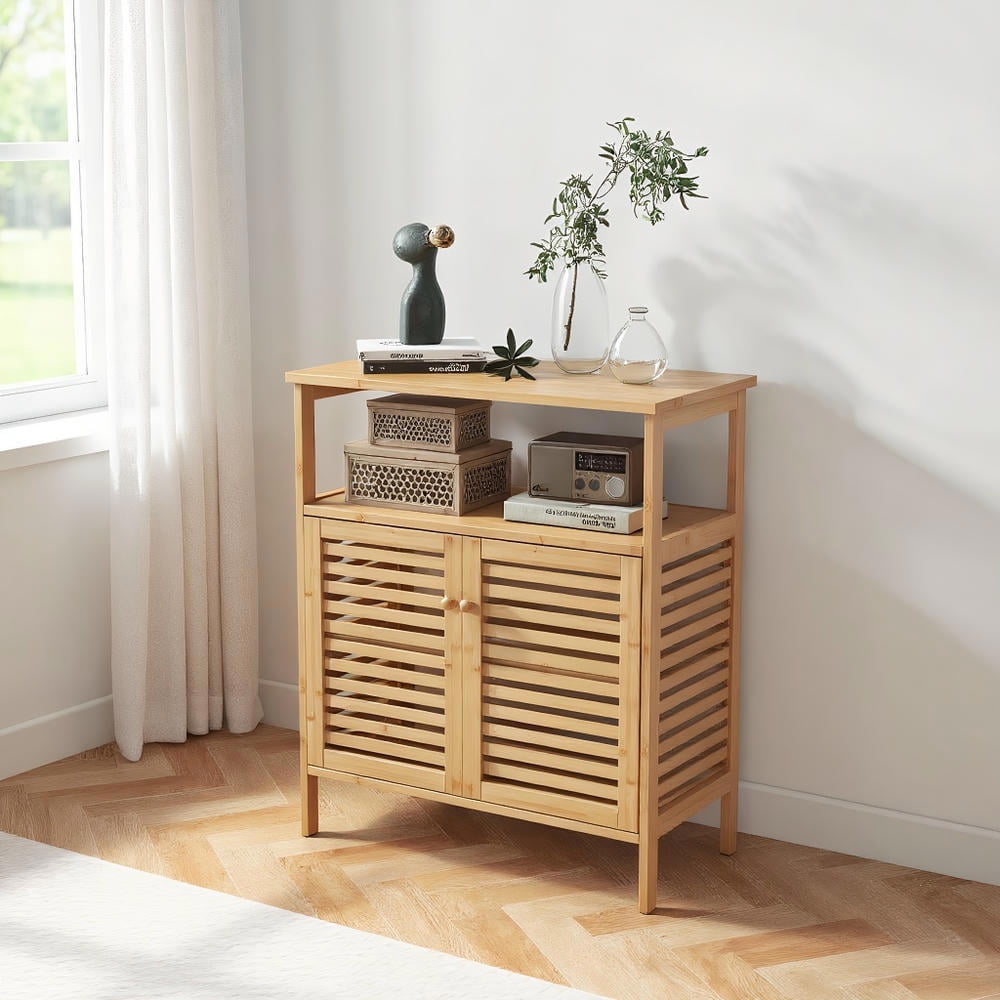 Topcobe Bamboo Bathroom Floor Storage Cabinet with Shutter Doors, Bathroom Furniture, Bathroom Cabinet Organizer, Natural