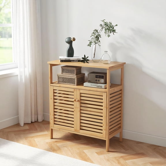 Topcobe Bamboo Bathroom Floor Storage Cabinet with Shutter Doors, Bathroom Furniture, Bathroom Cabinet Organizer, Natural