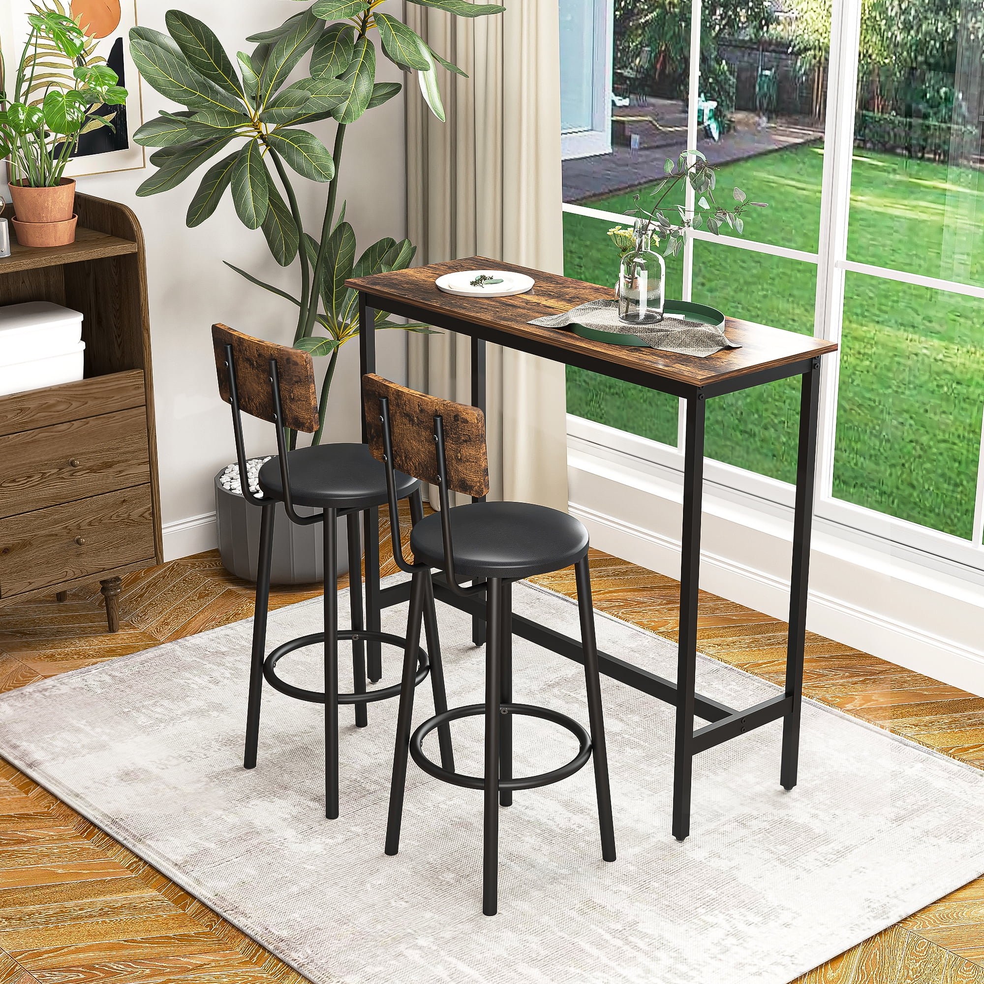 Topcobe Bar Square Table Set of 3, Pub Height Table & 2 PU Upholstered Stools with Backrest, Breakfast Bar Table Sets for Living Room, Kitchen, Bar, Brown Topcobe Bar Square Table Set of 3, Pub Height Table & 2 PU Upholstered Stools with Backrest, Breakfast Bar Table Sets for Living Room, Kitchen, Bar, Brown