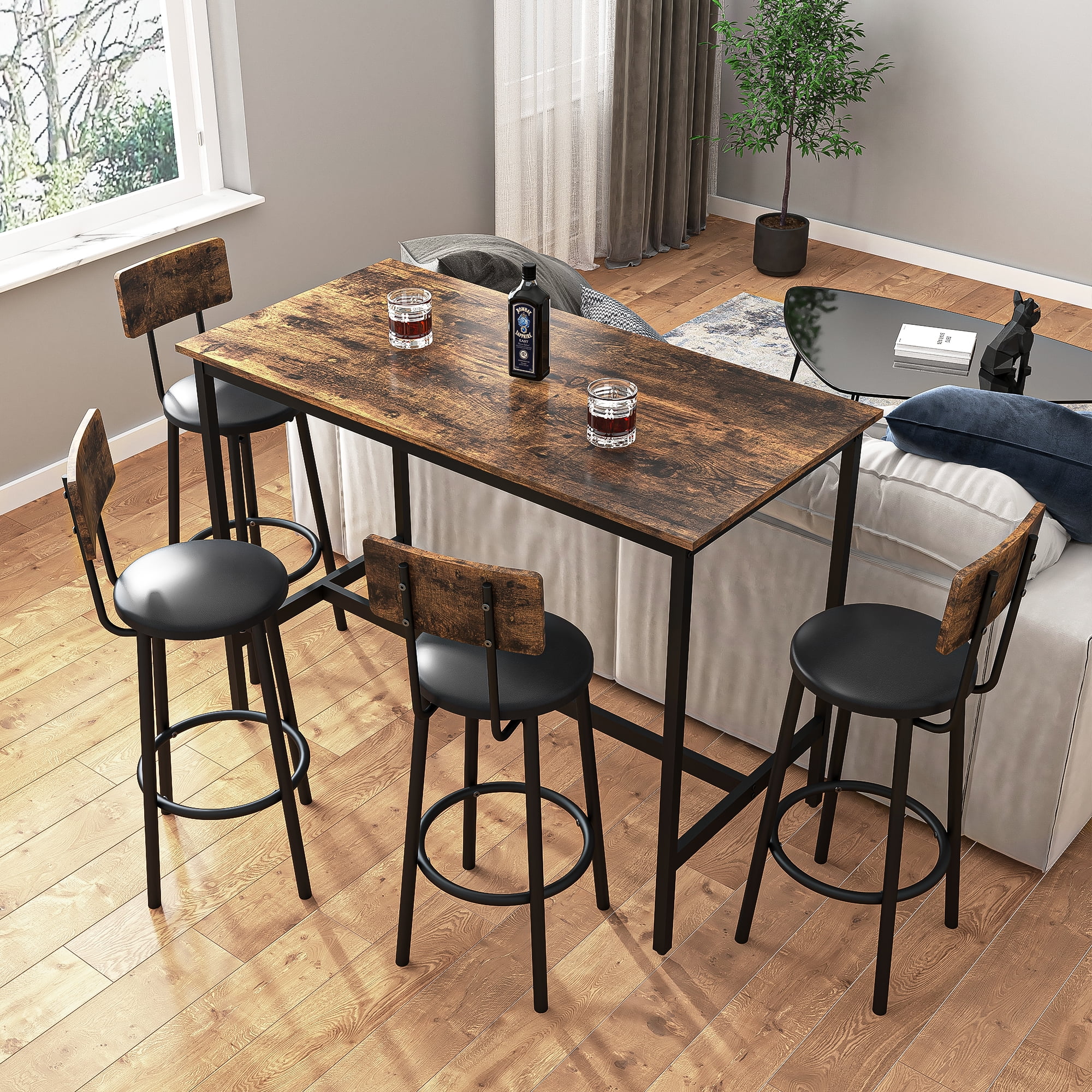 Topcobe Bar Table and 4 Chairs Set Industrial Counter Height Pub Table with Bar 5 Pieces Dining Set Home Kitchen Breakfast, PU Upholstered Stools with Backrest, Rustic Brown
