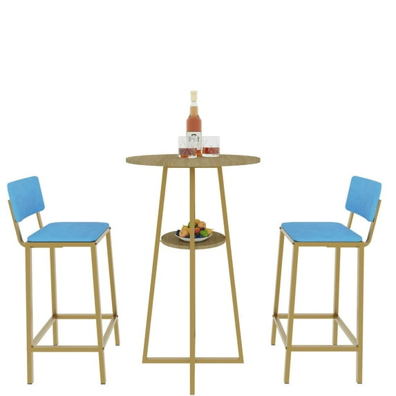 Topcobe Bar Table and Chairs 3 Piece Sets, Bar Table with Storage Function, Sponge Made Seat Cushions and Backrests, Modern Furniture for Indoor, Blue