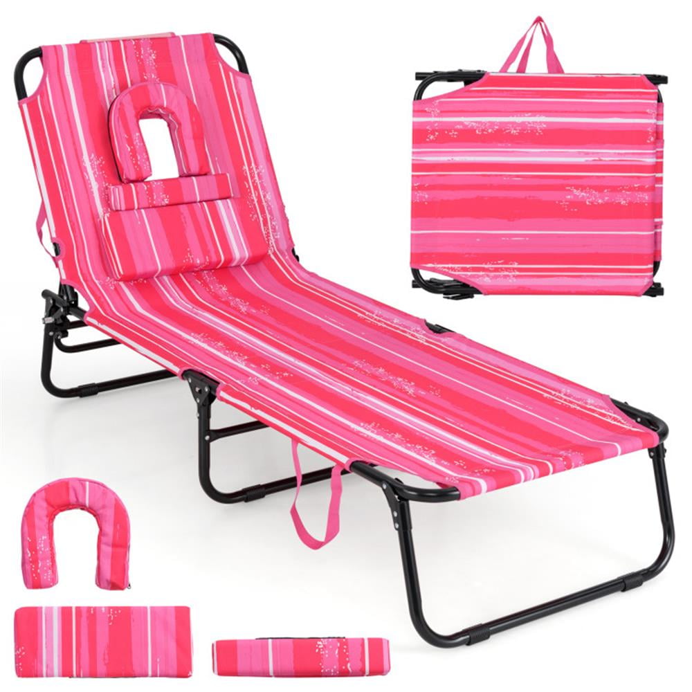 Topcobe Beach Chaise Lounge Chair with Face Hole and Removable Pillow, Outdoor Patio Furniture for Garden Backyard Pool Deck-Hot Pink