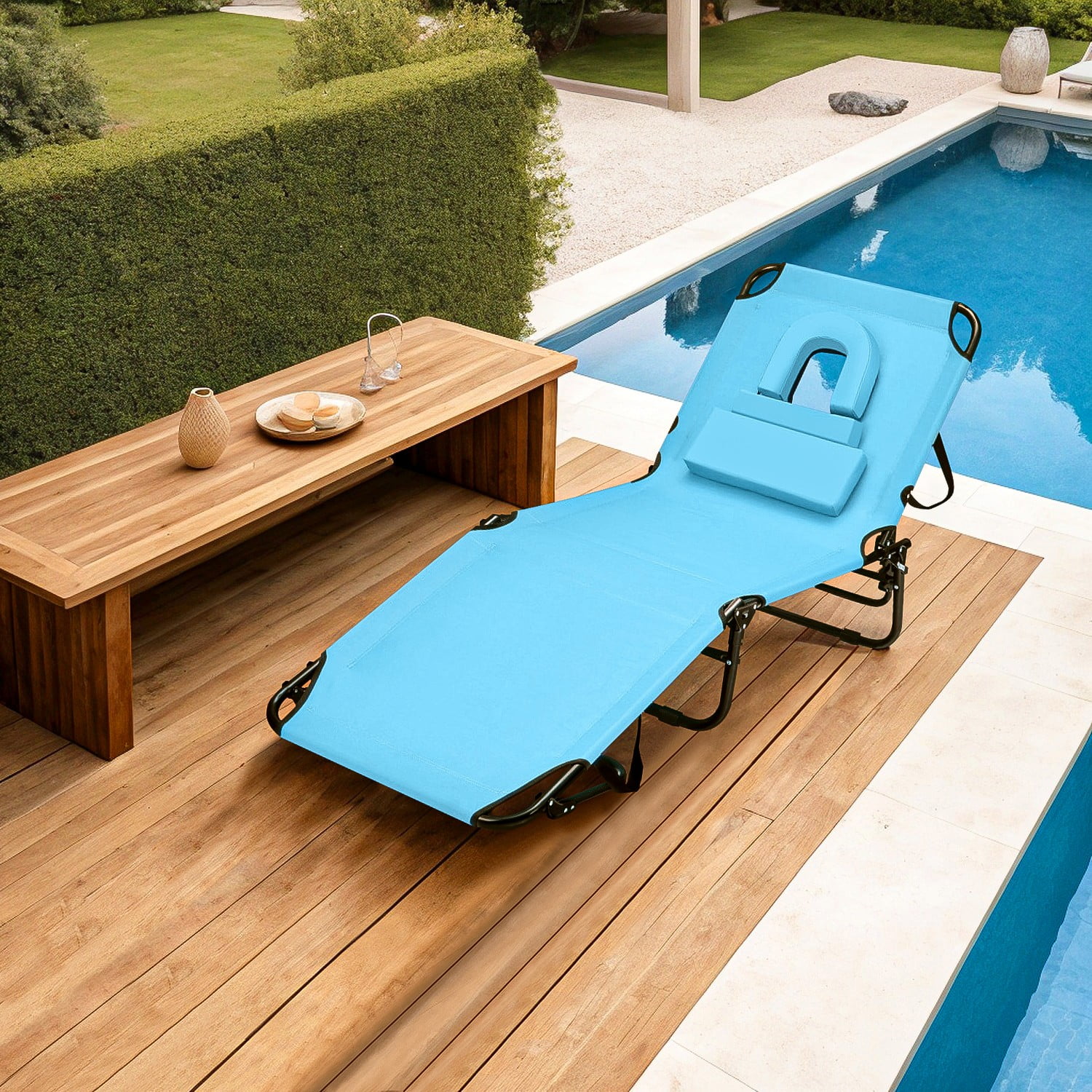 Topcobe Beach Chaise Lounge Chair with Face Hole and Removable Pillow, Pool Deck Furniture, Turquoise Topcobe Beach Chaise Lounge Chair with Face Hole and Removable Pillow, Pool Deck Furniture, Turquoise