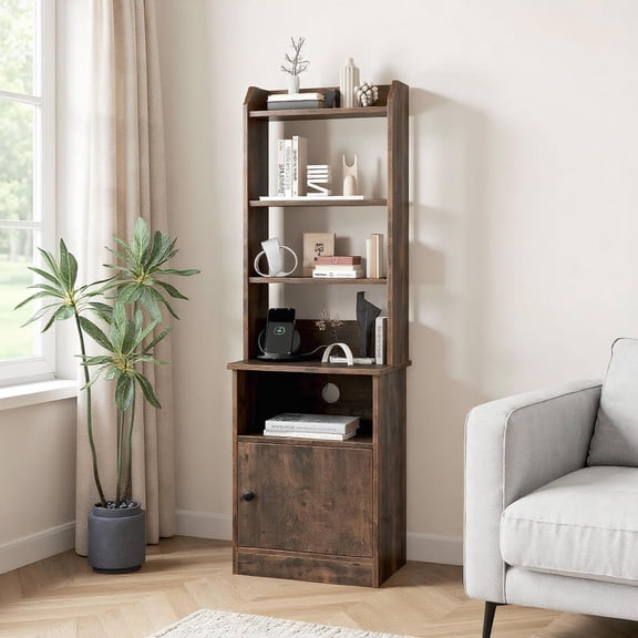 Topcobe Bedside Tables Tall Nightstands with 5 Open Shelf and Cabinet, Corner Bookshelf Modern Book Case for Books, CDs, Movies, Brown