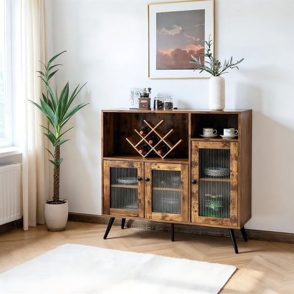 Topcobe Buffet Kitchen Storage Cupboard with Glass Door and Adjustable Shelves, Storage Cabinets for Living Room-Rustic Brown