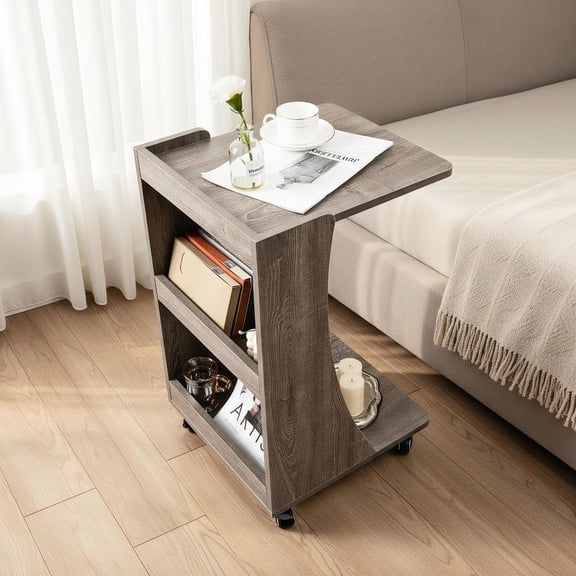 Topcobe C-Shaped Rolling End Side with Back Storage Shelves beside Sofa, Small End Tables Sofa Table for Small Spaces, Living Room Furniture, Gray