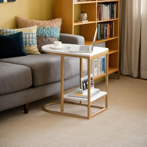 Topcobe C-shaped Side Table with Faux Marble Tabletop and Golden Steel Frame, Fashionable C-shaped Couch Table for Sofa Laptop Coffee Snack, Living Room Furniture, White