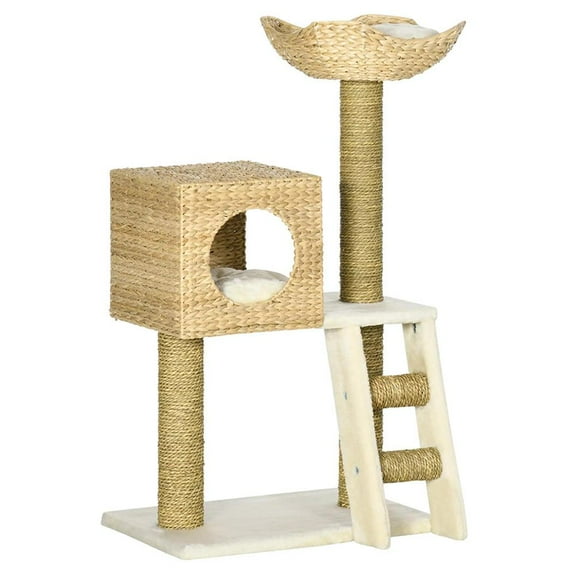 Topcobe Cattail Weave Cat Tree for Indoor Cats Kitty Tower with Rattan Cat Condo, Wicker Bed, Ladder, Washable Cushions, Scratching Posts for Indoor Cats, Cat Furniture, Natural