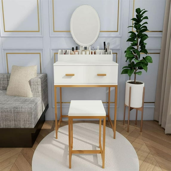 Topcobe Compact Dresser with Mirror & Stool, Stylish Makeup Vanity Table, White & Gold Storage, Space-Saving Solution for Small Bedrooms