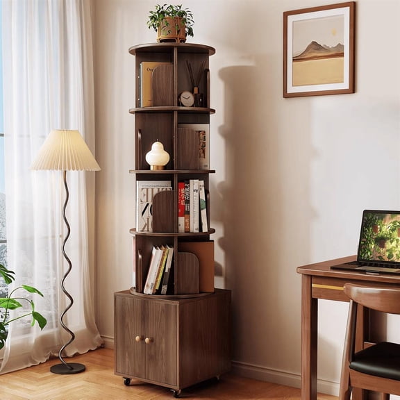 Topcobe Compact Rotating Bookcase, 360-Degree 5-Tier Corner Shelf with Storage Drawer, Space-Saving Floor-Standing Book Rack, Wooden Narrow Shelf Organizer, Ideal for Bedroom & Living Room