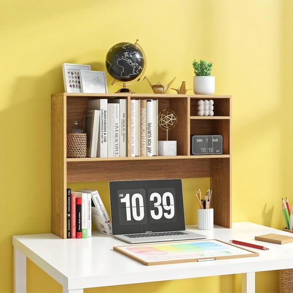 Topcobe Computer Desktop Bookcase with 4 Cubbies and Open Back Compartment, Corner Storage Organizer for Bedroom Home Office, Natural