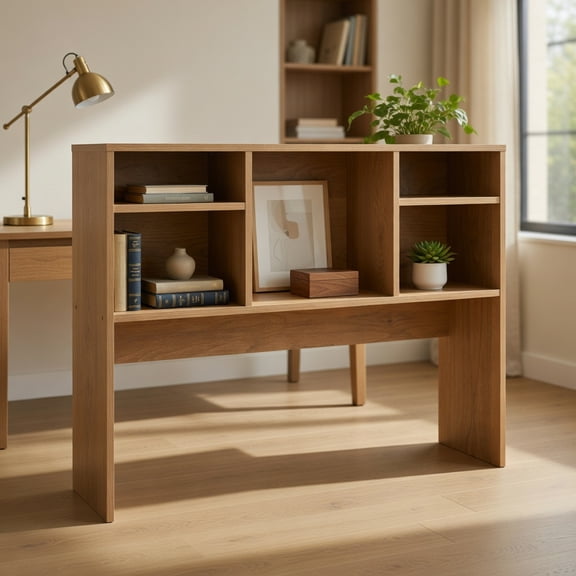 Topcobe Computer Desktop Bookcase with 4 Cubbies and Open Back Compartment, Corner Storage Organizer for Bedroom Home Office, Natural