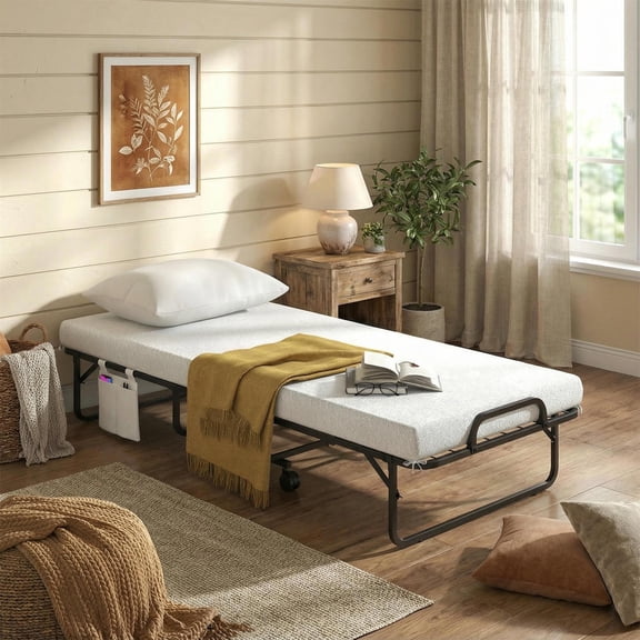 Topcobe Cot Size Folding Bed with Memory Foam Mattress and Pillow, Bed Frame, Indoor Furniture for Bedroom