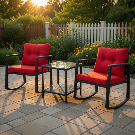 Topcobe Cushioned Patio Rattan Seating Rocking Chair Glass Table Set 3 Pieces with Steel Frame Furniture, Black