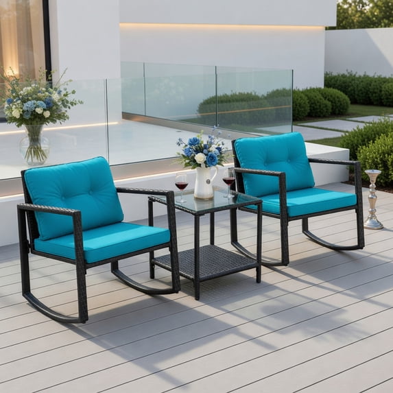 Topcobe Cushioned Patio Rattan Seating Rocking Chair Glass Table Set 3 Pieces with Steel Frame Furniture, Black