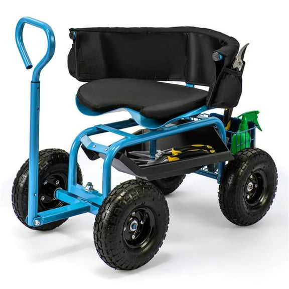 Topcobe Cushioned Rolling Garden Cart Scooter with Storage Basket and Tool Pouch, Outdoor Garden Carts-Blue