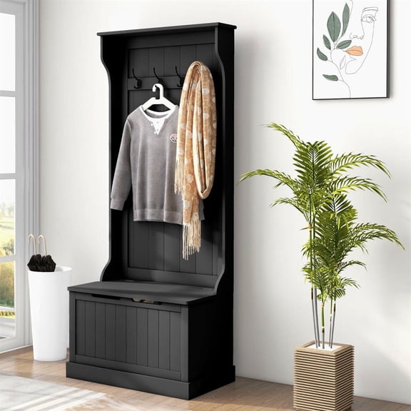 Topcobe Entryway Hall Tree with Coat Rack and Sitting Bench, Mudroom Bench with Storage and Hooks, Modern Furniture for Home, Dorm or Apartment, Black