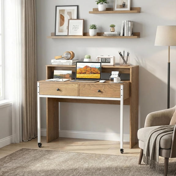 Topcobe Extendable Computer Desk with Pull Out Secondary Desk, Office Desk with Drawer, Makeup Vanity Table, Natural