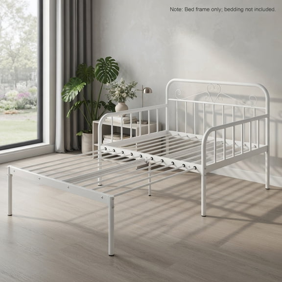 Topcobe Extendable Metal Daybed to Twin Size Bed with Guardrails and Armrests, Bed Frame, Indoor Furniture for Bedroom-White