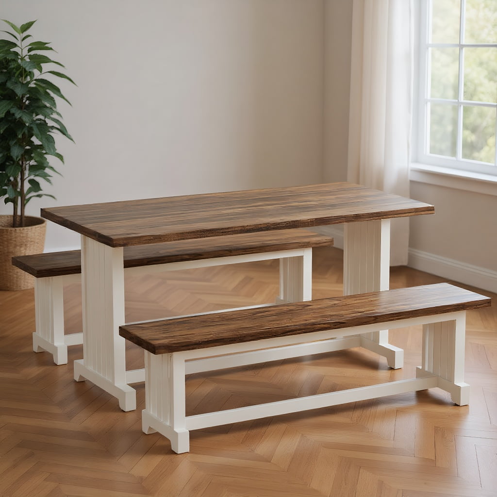 Topcobe Farmhouse Dining Table Set, 47" Kitchen Table with 2 Benches, Modern Furniture for Indoor Topcobe Farmhouse Dining Table Set, 47" Kitchen Table with 2 Benches, Modern Furniture for Indoor