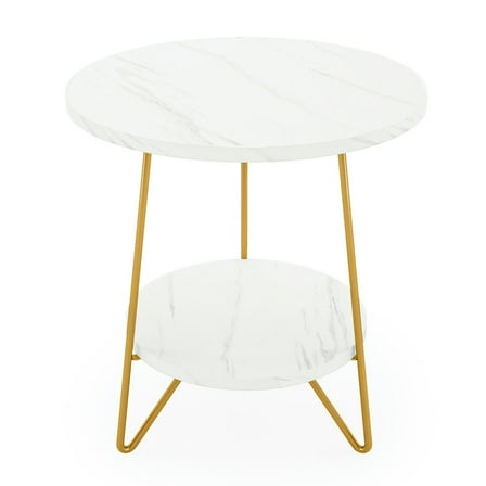 Topcobe Faux Marble End Table, 2-Tier Round Sofa Bedside Table with Shelves, Small Side Table, End Tables Living Room, White Faux Marble & Gold