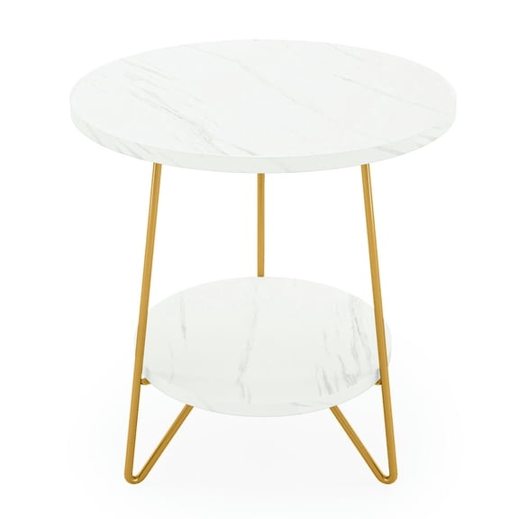 Topcobe Faux Marble End Table, 2-Tier Round Sofa Bedside Table with Shelves, Small Side Table, End Tables Living Room, White Faux Marble & Gold