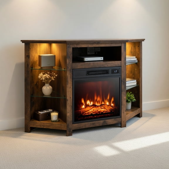 Topcobe Fireplace Corner TV Stand with LED Lights and Smart APP Control for 50" TV, Living Room TV Stand with Storage, Corner Entertainment Center, Brown