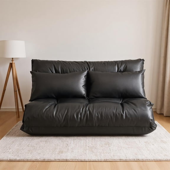 Topcobe Foldable PU Leather Leisure Floor Sofa Bed with 2 Pillows, Double Sofa Bed for Living Room, Simple Stylish Design, Black
