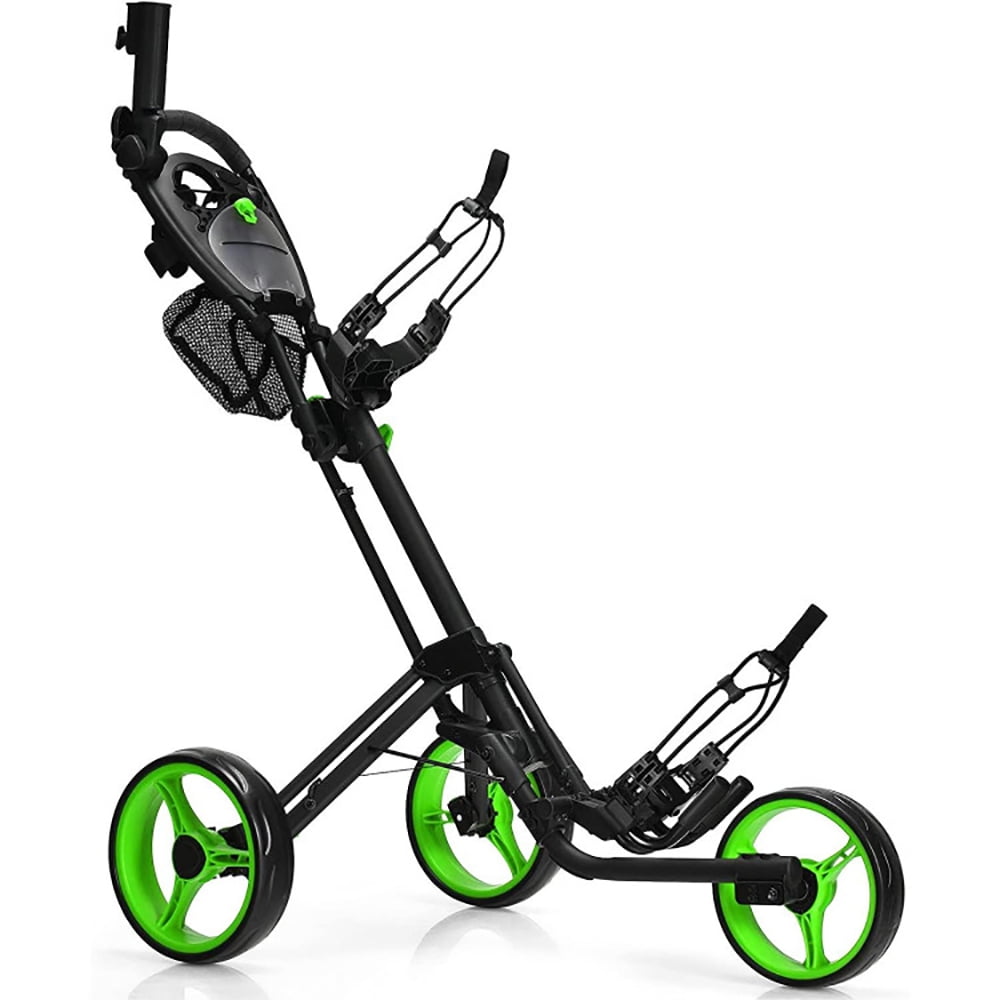 Topcobe Folding 3 Wheels Golf Push Cart with Brake Scoreboard Adjustable Handle, Foldable Lightweight Pushcart, Easy to Open & Close, Green