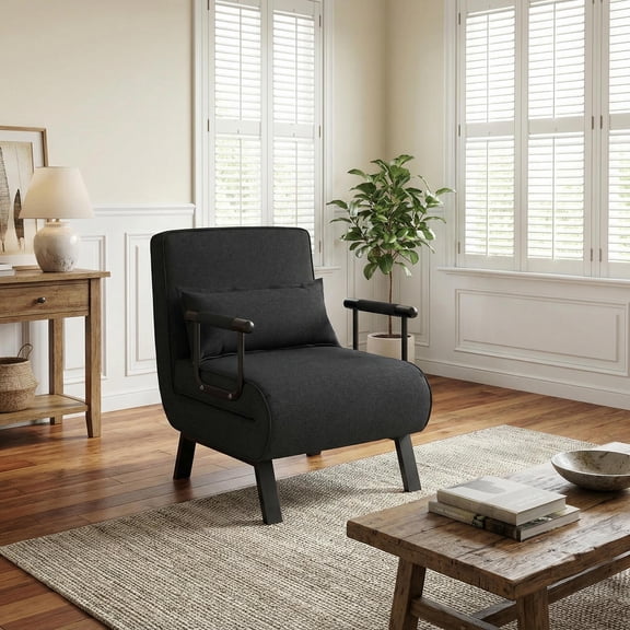 Topcobe Folding 6 Position Convertible Sleeper Bed Armchair Lounge Couch with Pillow, Upholstered Lazy Chair, Black