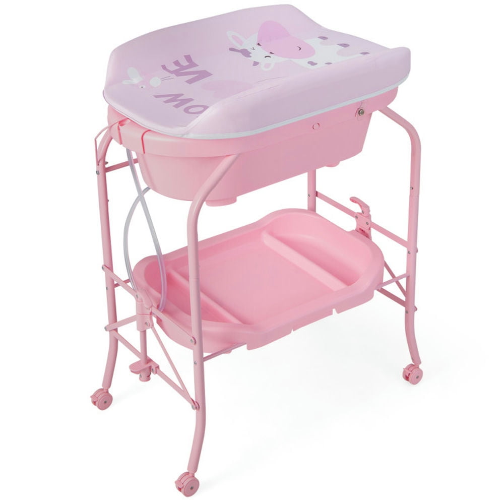 Topcobe Folding Baby Changing Table with Bathtub and 4 Universal Wheels, Portable Diaper Station for Baby-Pink Topcobe Folding Baby Changing Table with Bathtub and 4 Universal Wheels, Portable Diaper Station for Baby-Pink