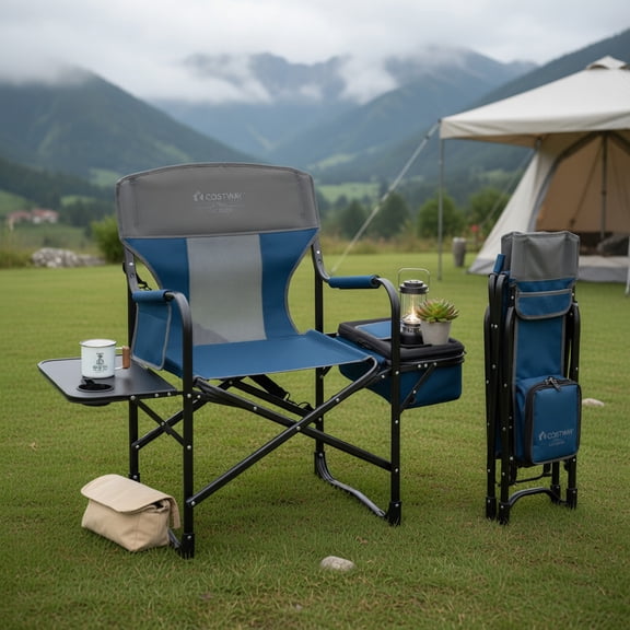 Topcobe Folding Camping Directors Chair with Cooler Bag and Side Table, Portable Chairs for Adults, Comfy Outdoor Chair, Blue