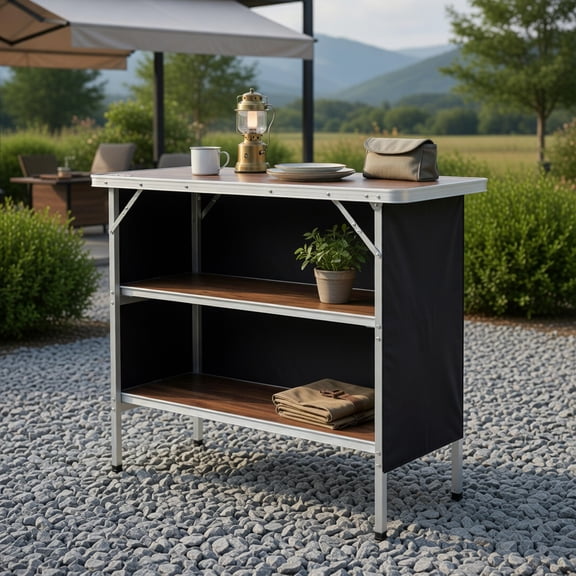 Topcobe Folding Camping Table with 2-Tier Open Shelves for Outdoor BBQ, Camp Tables PorTable Foldable, Coffee