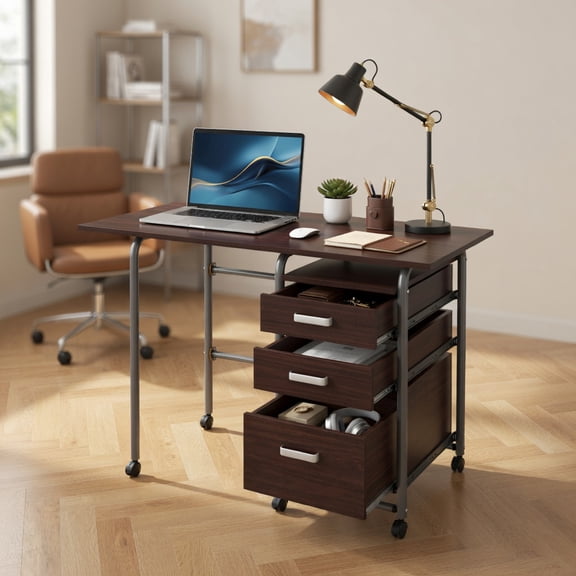 Topcobe Folding Computer Laptop Desk Wheeled Home Office Furniture, Computer Desk PC Laptop Writing Table Workstation, Brown