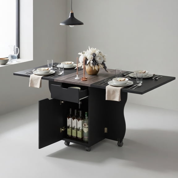 Topcobe Folding Dining Table 3-in-1 Space-Saving Drop Leaf Kitchen Table with Lockable Wheels, Modern Furniture for Dining Room-Black