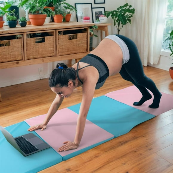 Topcobe Folding Gymnastics Mat with Carry Handles and Sweatproof Detachable PU Leather Cover, Easy to Clean Gym Mat, Gymnastics Equipment for Activity Play, Blue