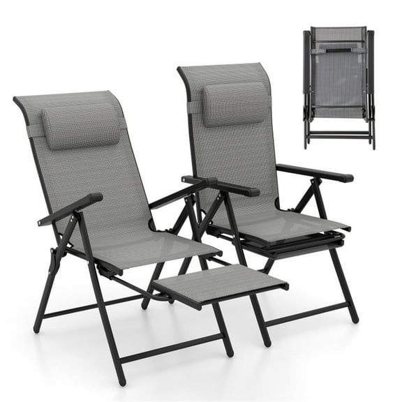 Topcobe Folding Patio Chairs Set of 2 with 10-Level Adjustable Backrests and Armrests, Outdoor Patio Furniture for Garden Backyard Pool Deck-Gray