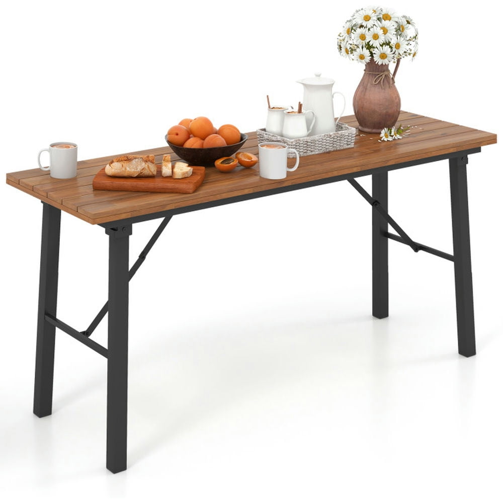 Topcobe Folding Picnic Table Acacia Wood Dining Table with Metal Frame ...