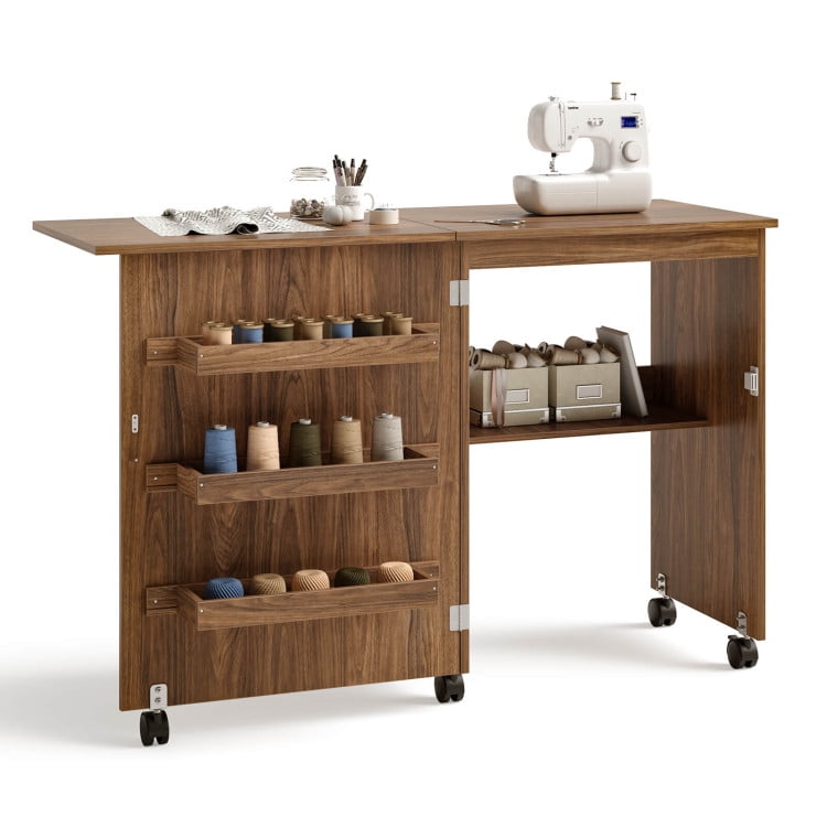 Topcobe Folding Sewing Craft Table Shelf Storage Cabinet Home Furniture Office Desk with Drawer Makeup Vanity Table Brown Walmart Business Supplies