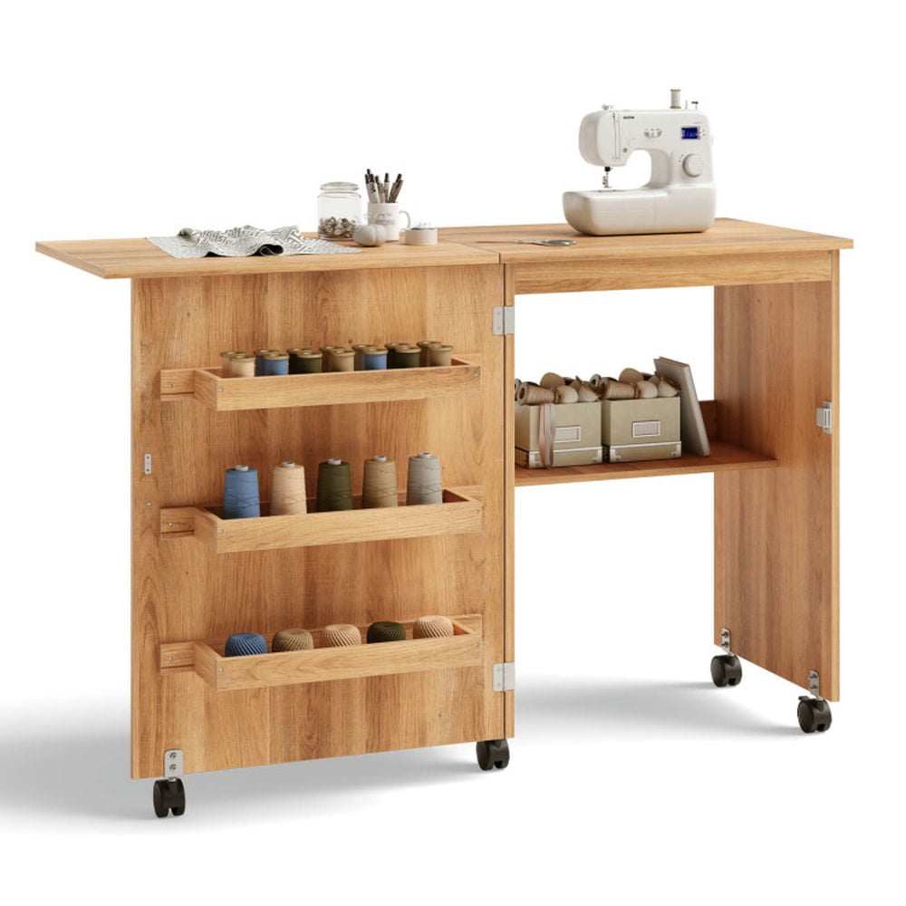 Topcobe Folding Sewing Craft Table Shelf Storage Cabinet Home Furniture, Office Desk with Drawer, Makeup Vanity Table, Natural