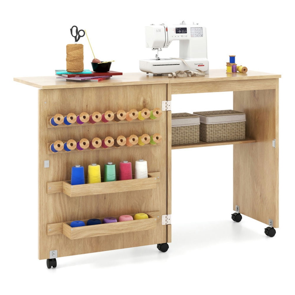 Topcobe Folding Sewing Table with Storage Shelf and 5 Lockable Wheels, Modern Furniture for Living Room, Bedroom-Natural Topcobe Folding Sewing Table with Storage Shelf and 5 Lockable Wheels, Modern Furniture for Living Room, Bedroom-Natural