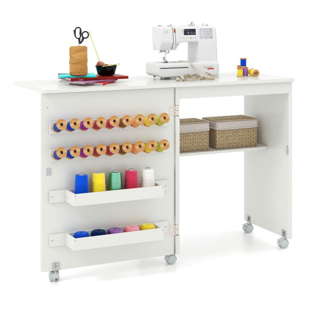 Topcobe Folding Sewing Table with Storage Shelf and 5 Lockable Wheels, Modern Furniture for Living Room, Bedroom-White