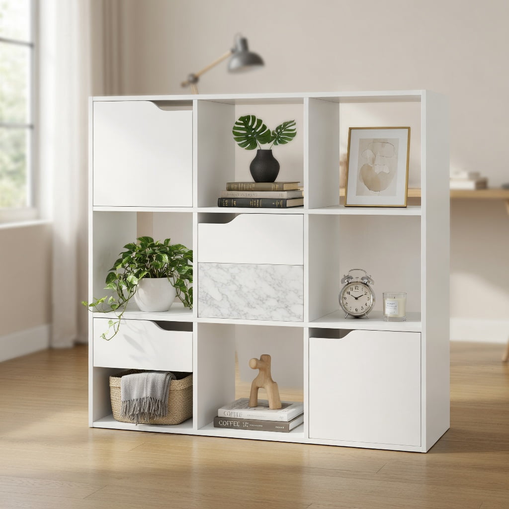 Topcobe Free Standing 9 Cube Storage Wood Divider Bookcase for Home and Office, Tall Bookshelf Modern Book Case for Books, CDs, Movies, White