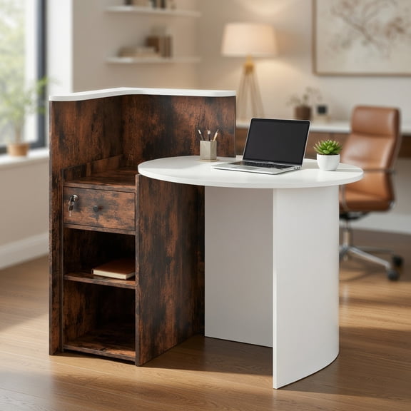 Topcobe Front Reception Office Desk with Open Shelf and Lockable Drawer, Ideal for Working and Studying, Brown