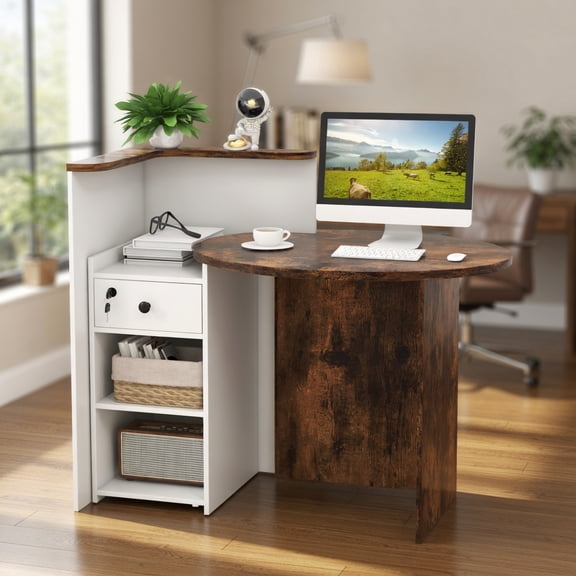 Topcobe Front Reception Office Desk with Open Shelf and Lockable Drawer, Writing Table Workstation, Ideal for Working and Studying, Brown